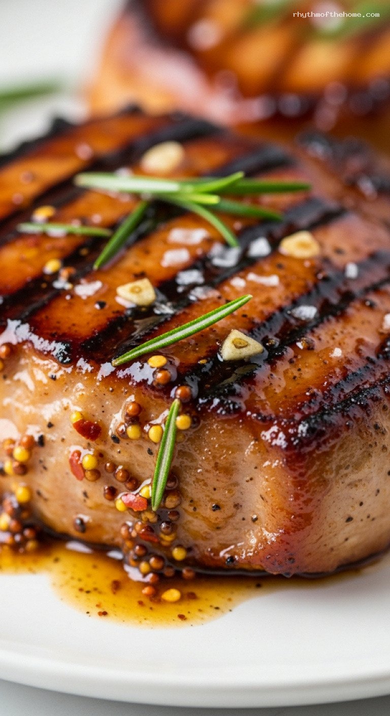 Skillet Maple-Dijon Pork Chops With Rosemary Glaze – Closeup