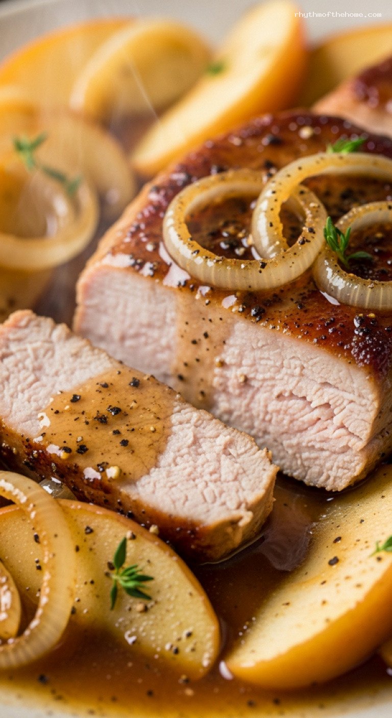 Skillet Pork Chops with Cinnamon Apples and Cider – Closeup