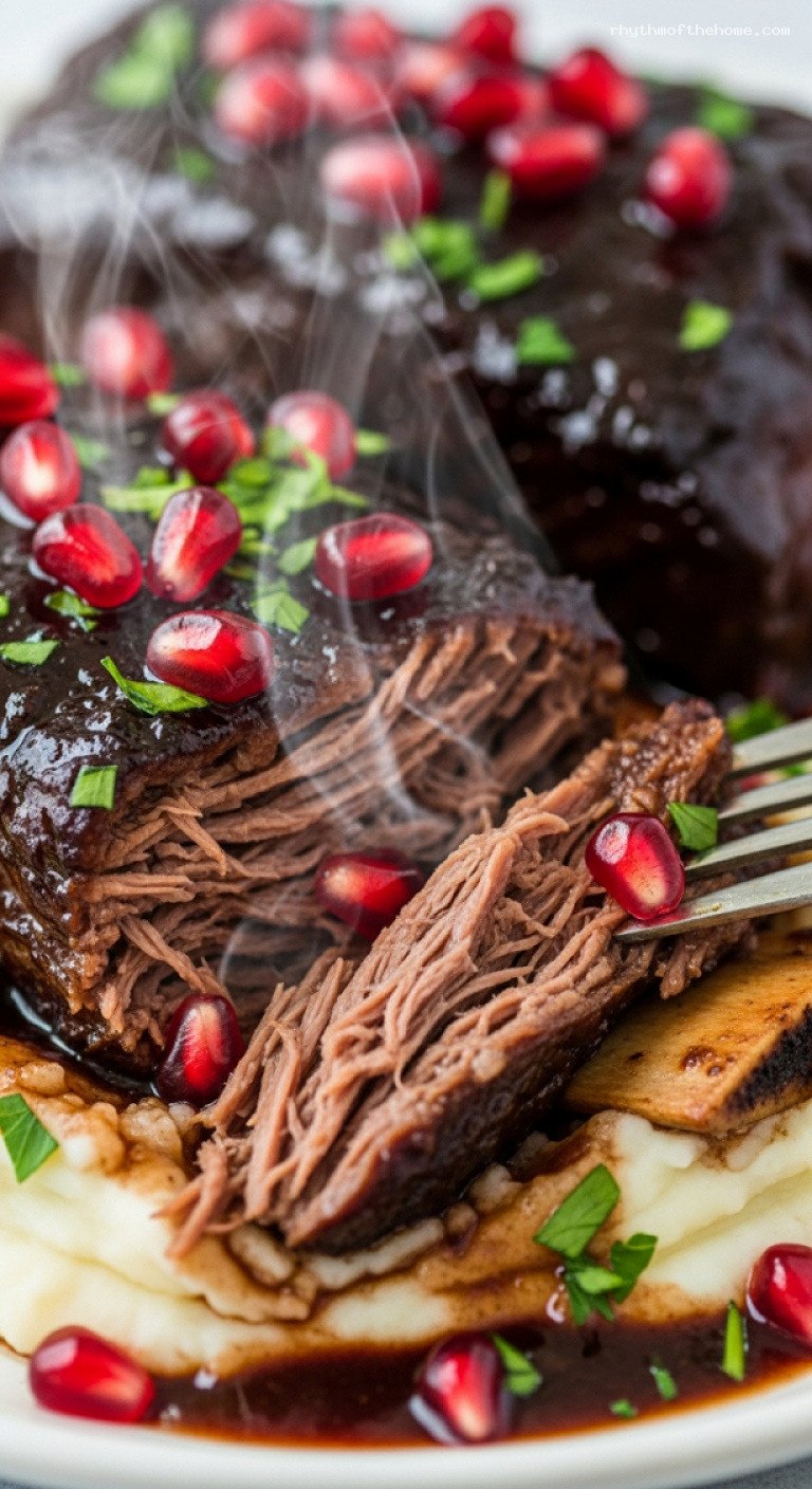 Slow-Braised Pomegranate Balsamic Short Ribs – Closeup