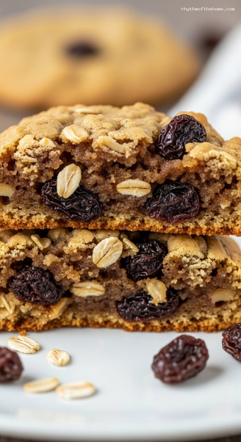 Soft and Chewy Oatmeal Raisin Cookies – Closeup