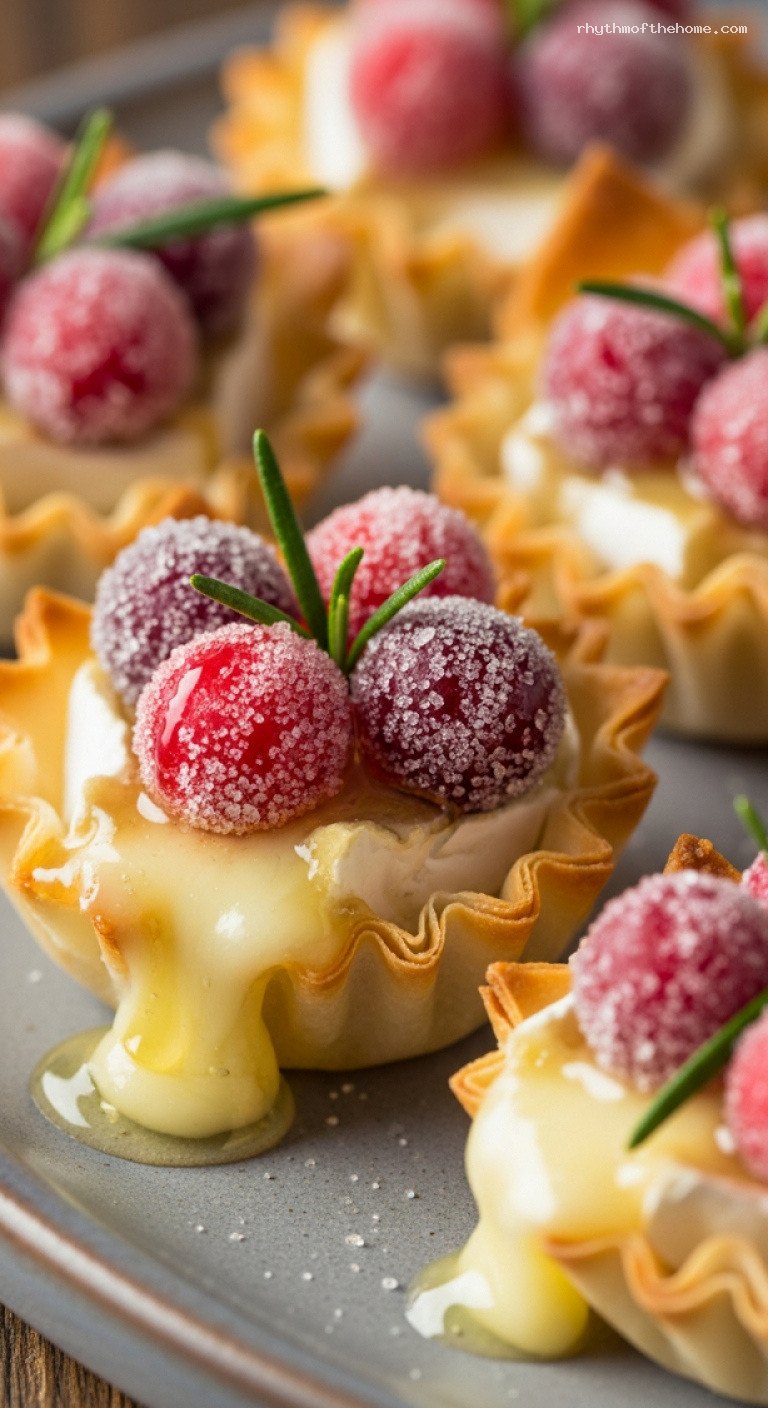 Sparkling Cranberry Brie Bites with Rosemary Honey – Closeup