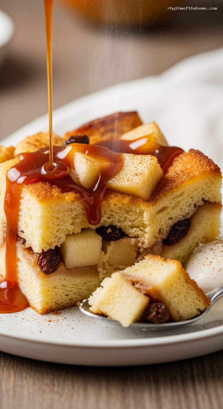 Spiced Apple Brioche Bread Pudding With Caramel Sauce – Closeup