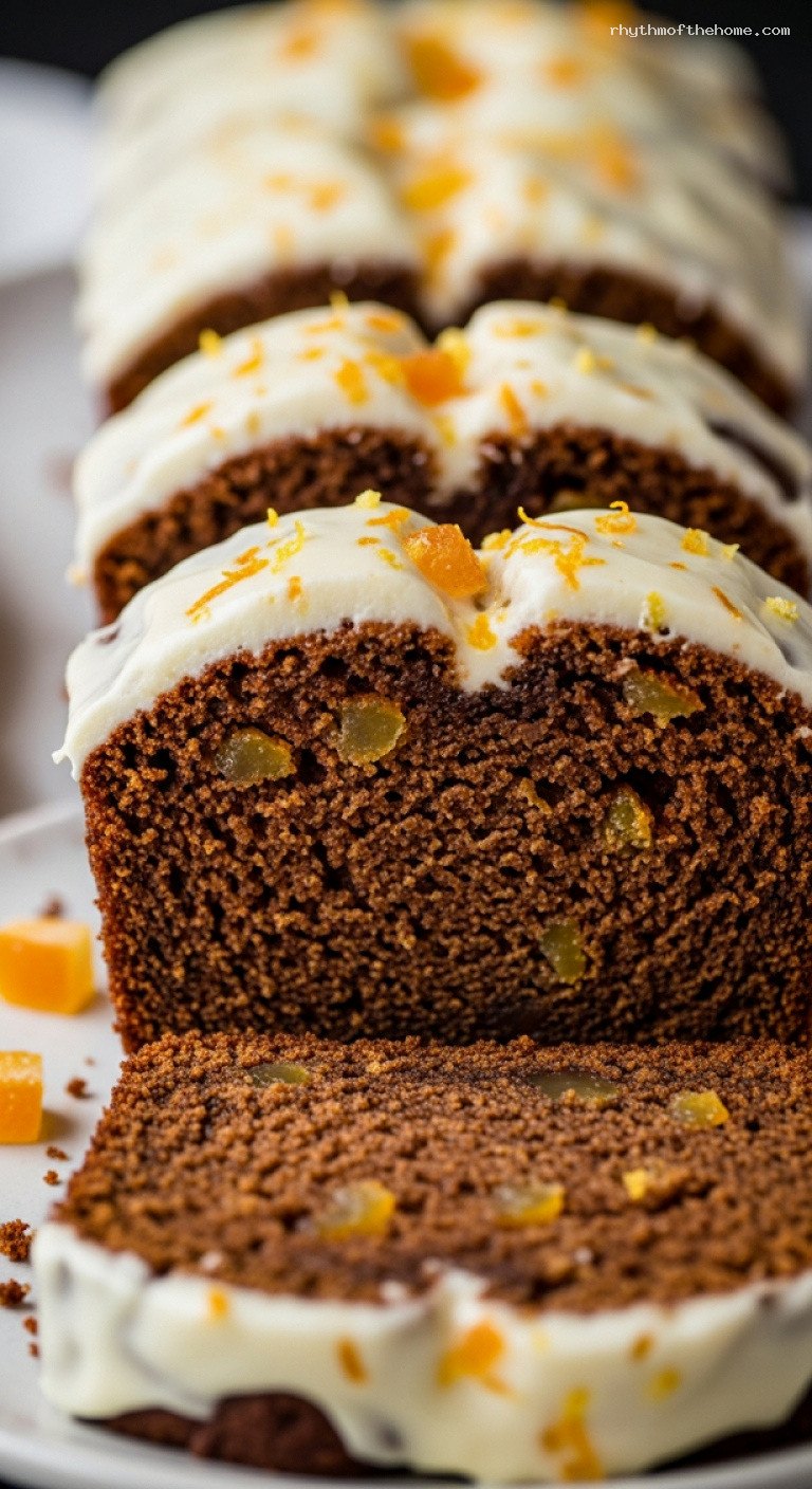 Spiced Ginger Molasses Loaf with Citrus Cream Cheese Glaze – Closeup