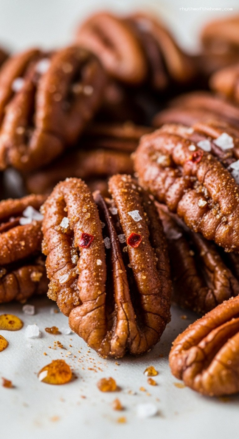 Spiced Honey Roasted Pecans with Cinnamon and Cayenne – Closeup