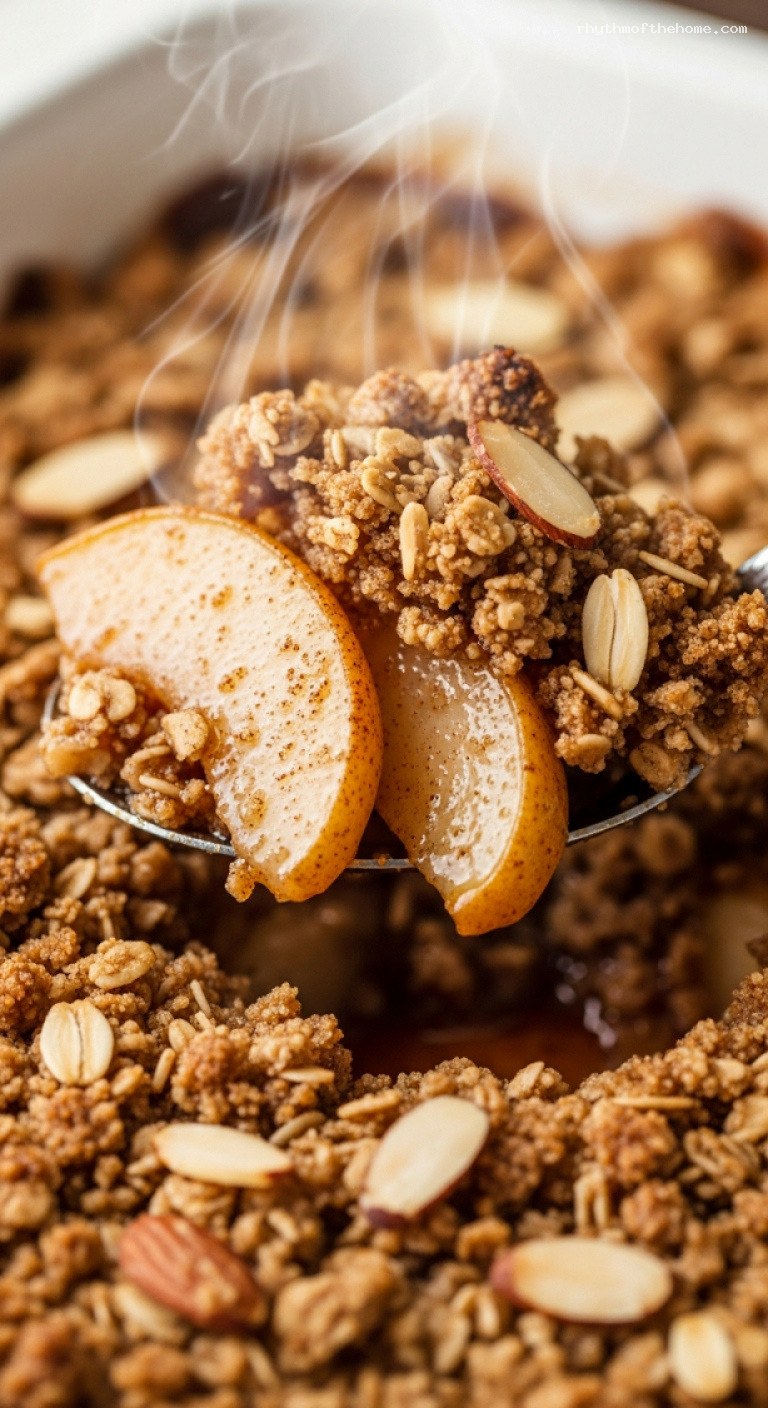Spiced Pear Crisp with Crunchy Oat Almond Topping – Closeup