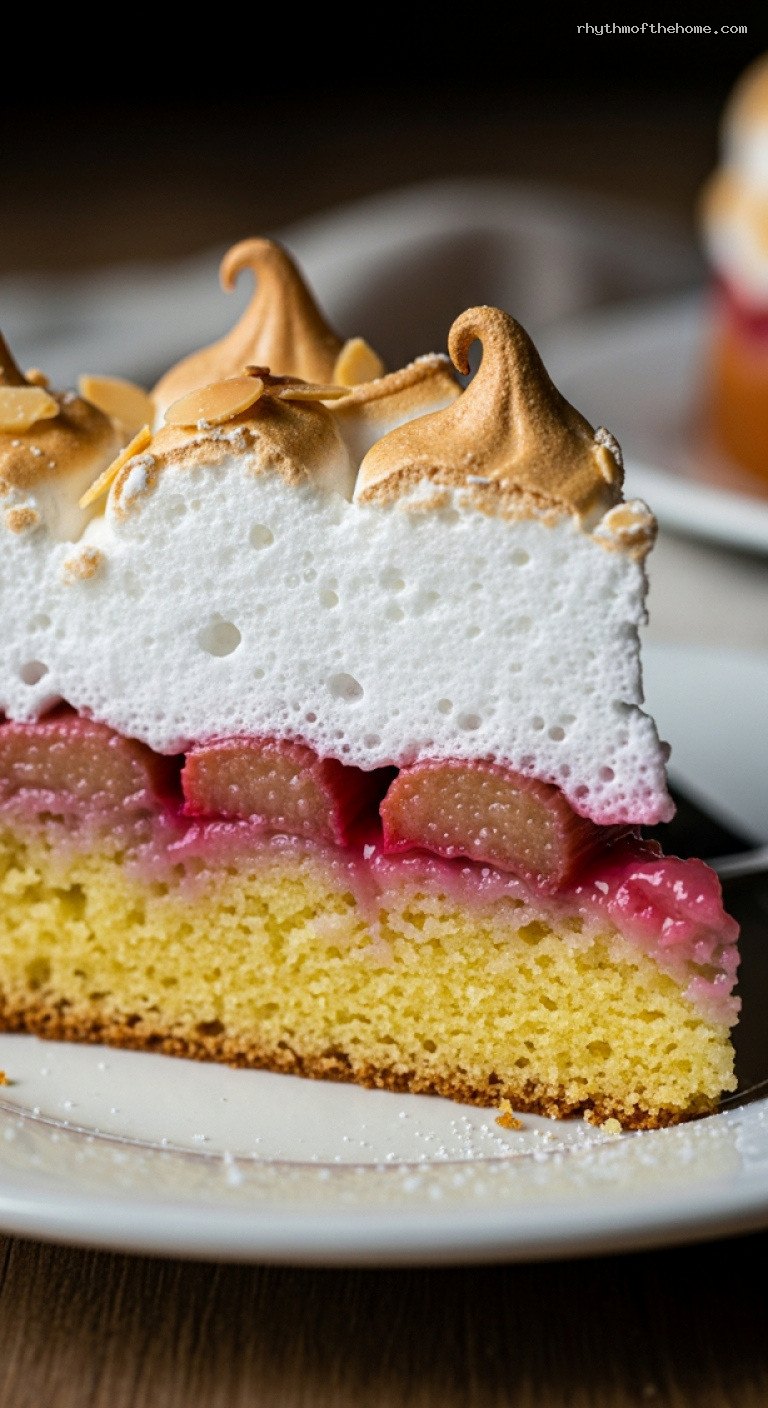 Spring Rhubarb Cake with Caramelized Meringue – Closeup