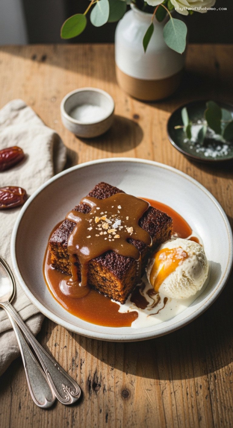 Sticky Toffee Pudding With Salted Caramel and Vanilla Ice Cream