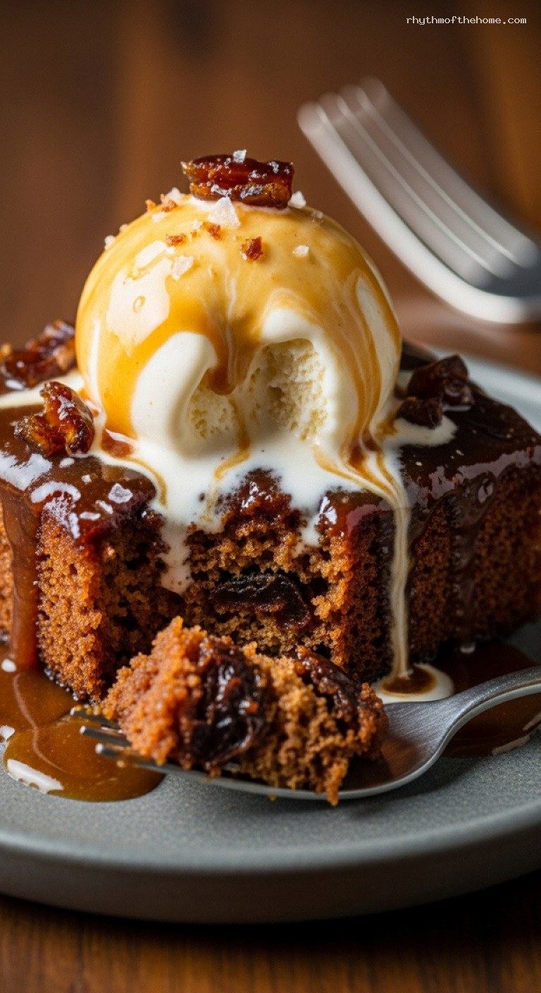 Sticky Toffee Pudding with Warm Buttery Toffee Sauce – Closeup