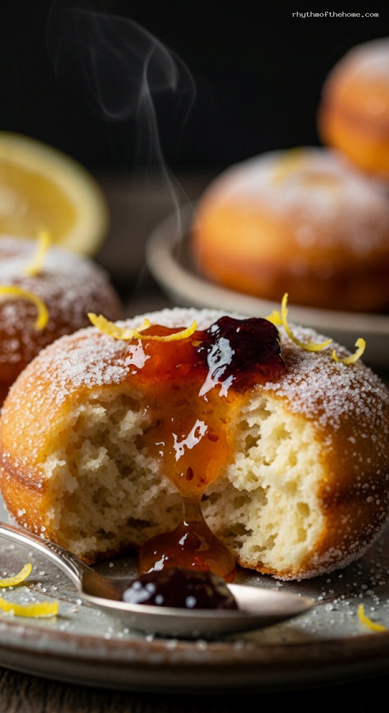 Sweet Kartoffelkrapfen: Lemon-Scented Potato Fritters with Preserves – Closeup