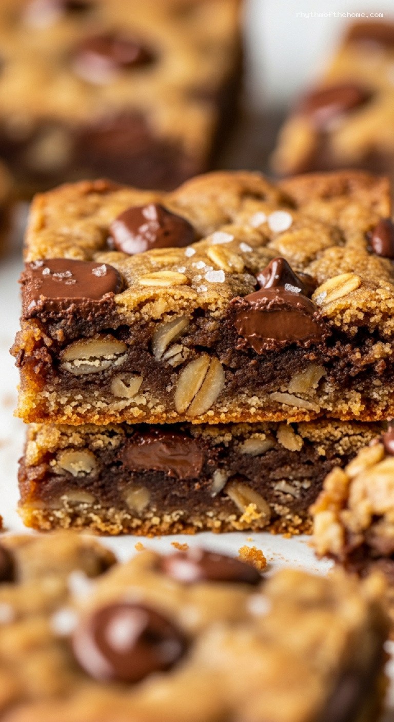 Thick and Chewy Chocolate Chip Oatmeal Cookie Bars – Closeup