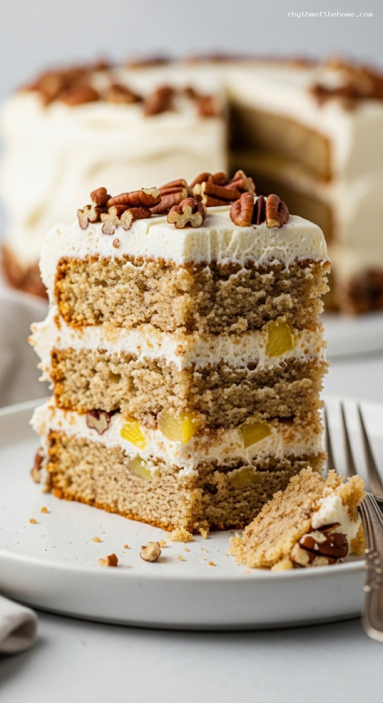 Tropical Hummingbird Cake with Banana, Pineapple, and Pecans – Closeup