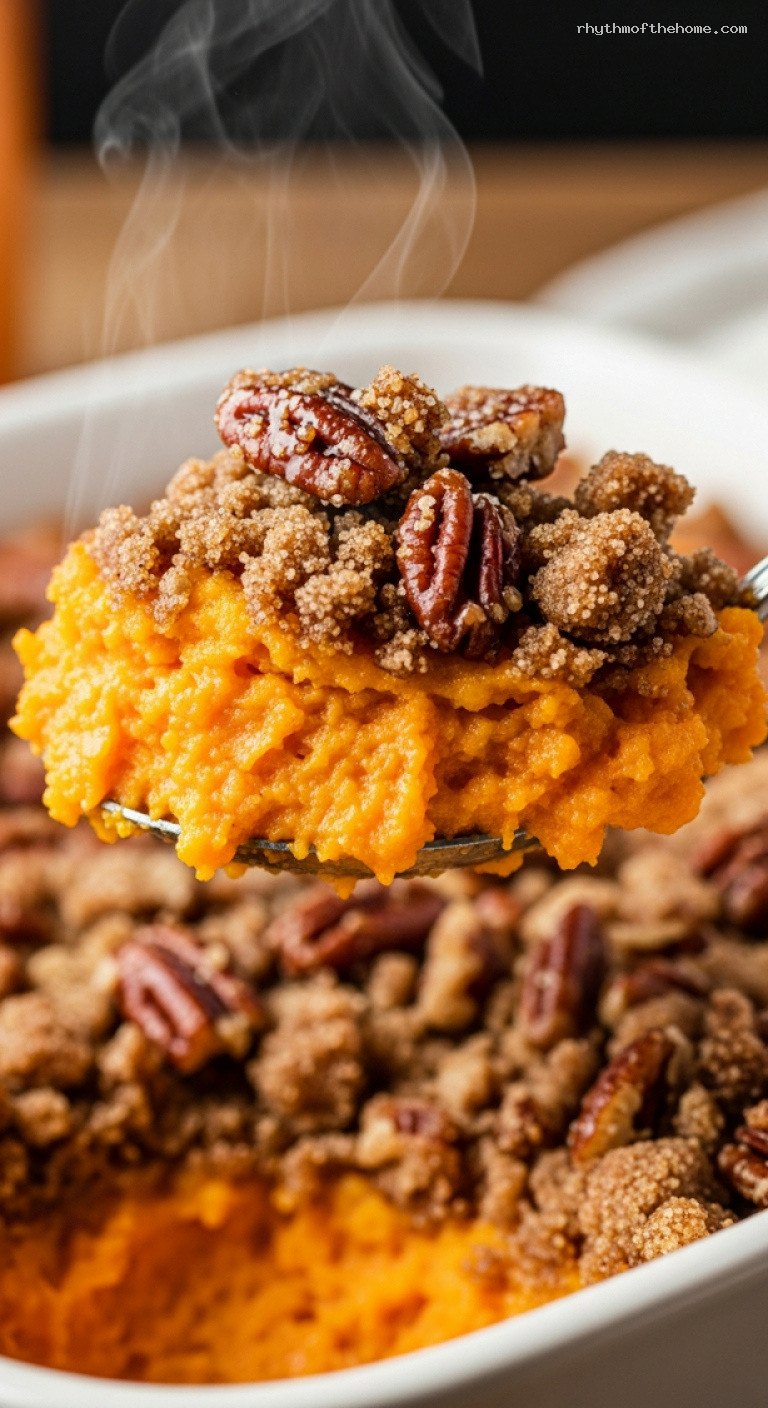 Vanilla Sweet Potato Casserole with Pecan Streusel Topping – Closeup