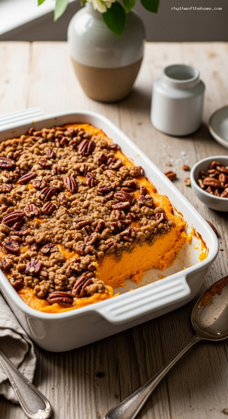 Vanilla Sweet Potato Casserole with Pecan Streusel Topping