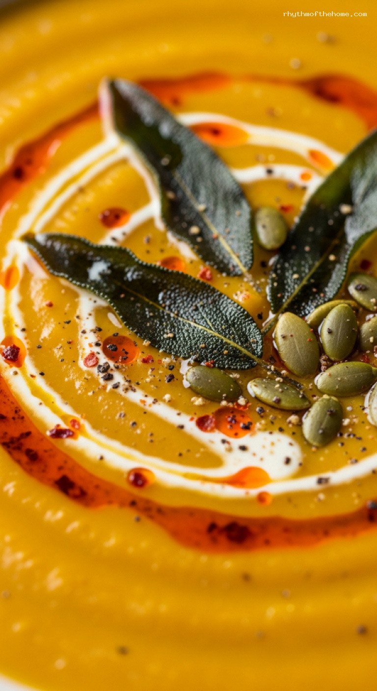 Velvety Pumpkin Soup With Fried Sage and Spiced Oil – Closeup