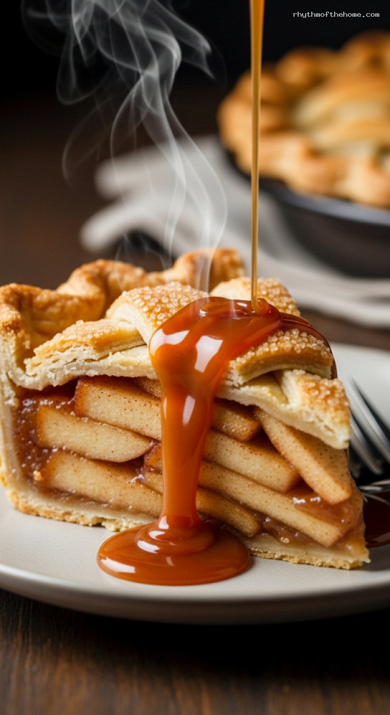 Warm Caramel Drizzled Double-Crust Lattice Apple Pie – Closeup