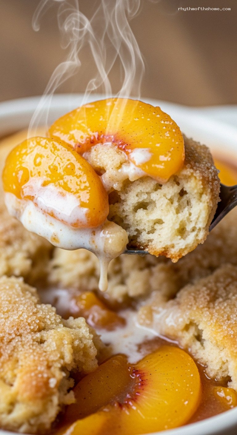 Warm Peach Cobbler With Biscuit Topping And Ice Cream – Closeup