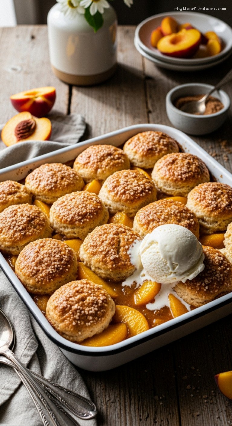 Warm Peach Cobbler With Biscuit Topping And Ice Cream