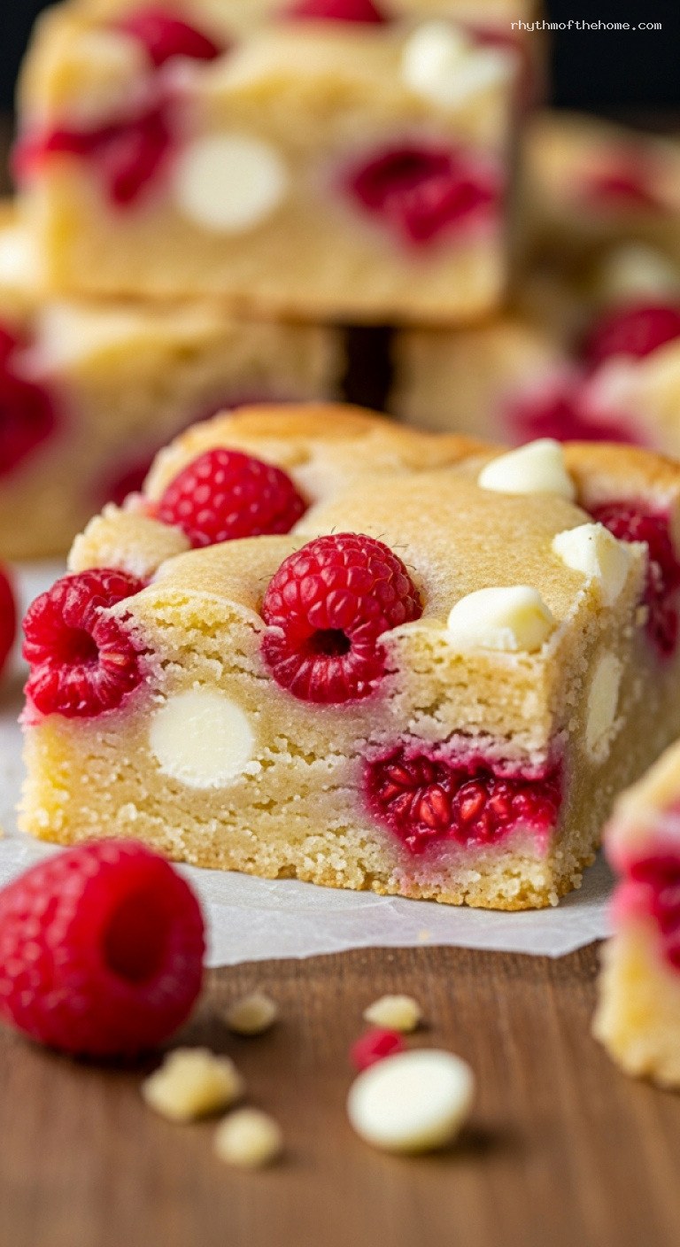 White Chocolate Raspberry Blondies with Vanilla Batter – Closeup