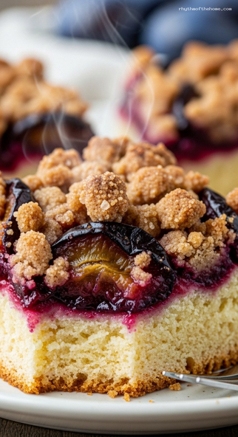 Zwetschgenkuchen German Plum Cake With Cinnamon Streusel – Closeup