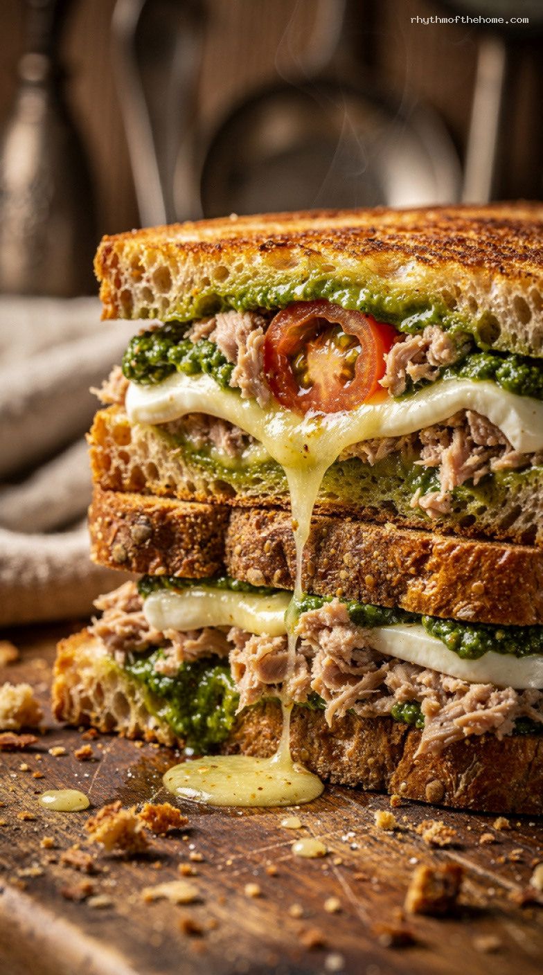 10-Minute Tuna Pesto Mozzarella Melt Panini – Closeup