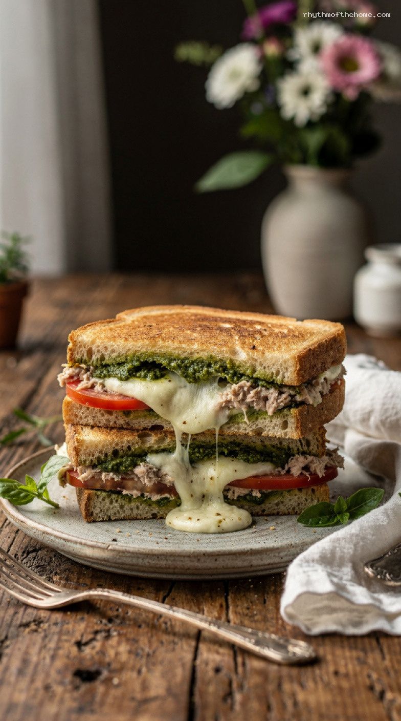 10-Minute Tuna Pesto Mozzarella Melt Panini