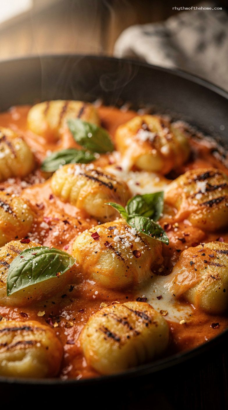 15-Minute Creamy Tomato Basil Gnocchi Skillet – Closeup