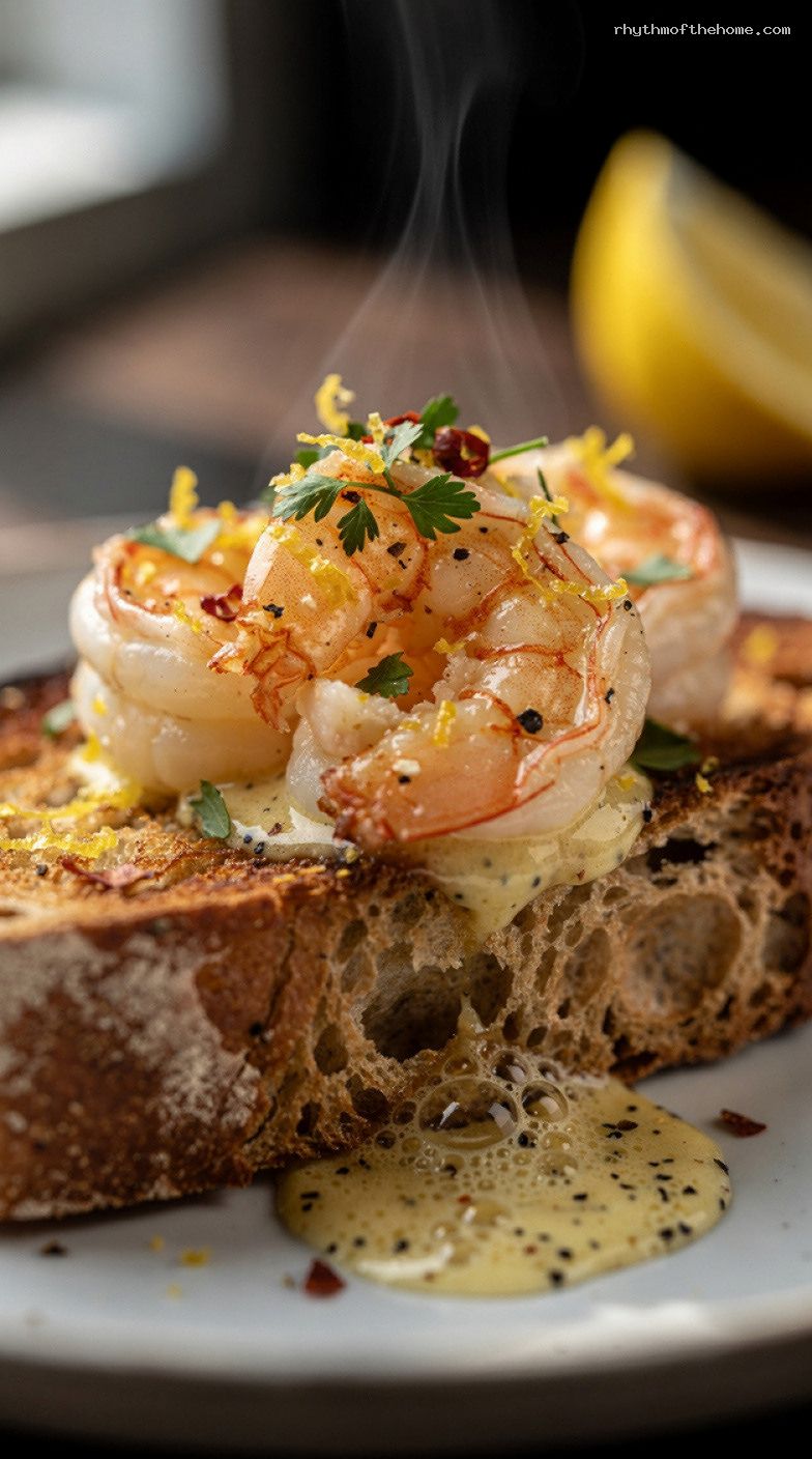 15-Minute Shrimp Scampi With Garlic Lemon Butter and Crusty Bread – Closeup