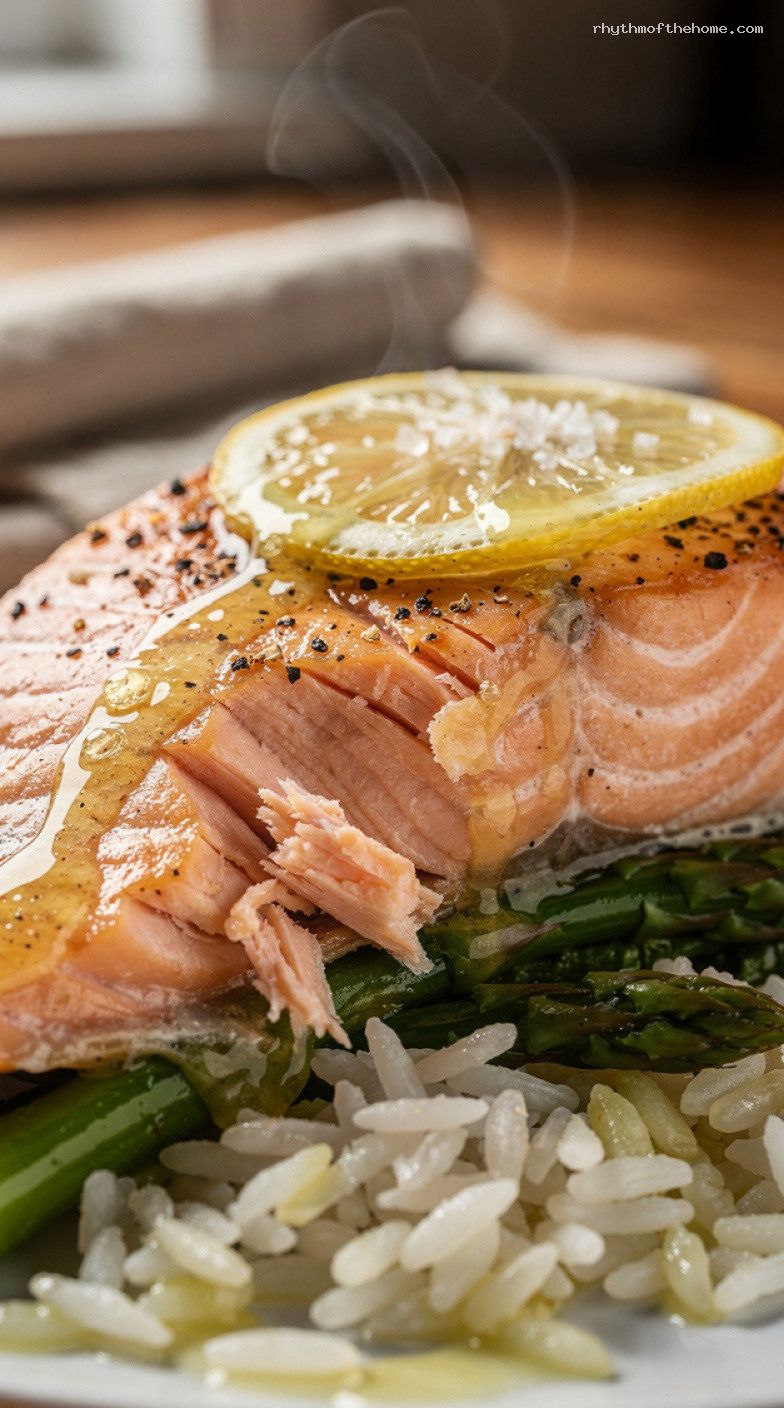 3-Ingredient Lemon Butter Salmon Foil Packets with Asparagus – Closeup