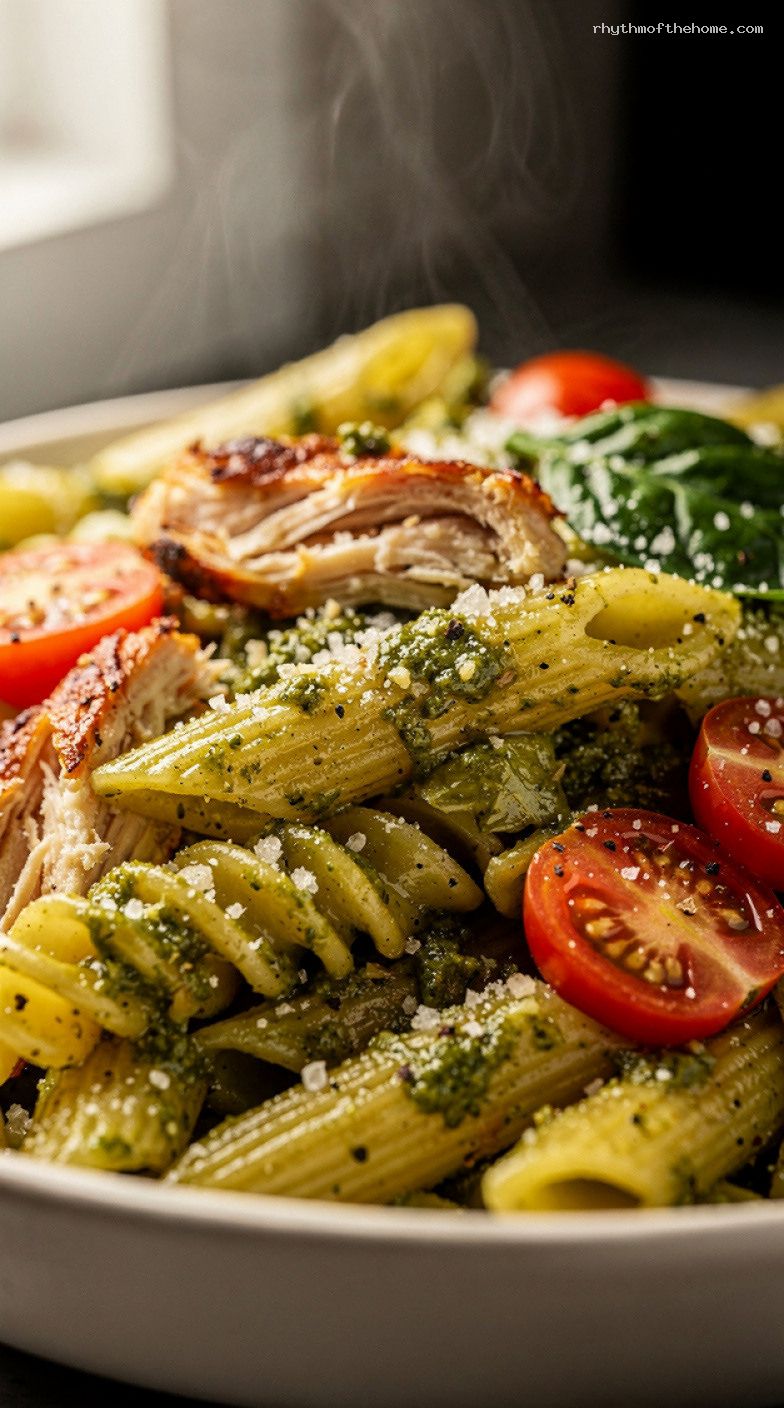 3-Ingredient Pesto Chicken Pasta with Rotisserie Chicken – Closeup
