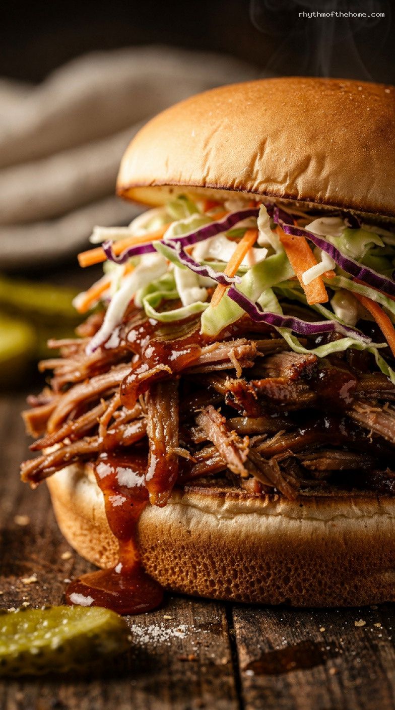 3-Ingredient Slow Cooker BBQ Pulled Pork Sandwiches with Coleslaw – Closeup