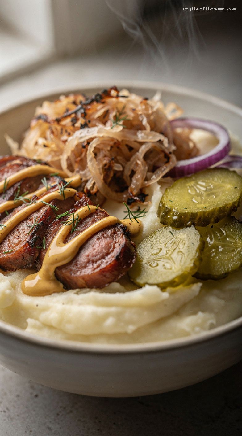 5-Minute Sausage and Sauerkraut Bowls with Mustard – Closeup