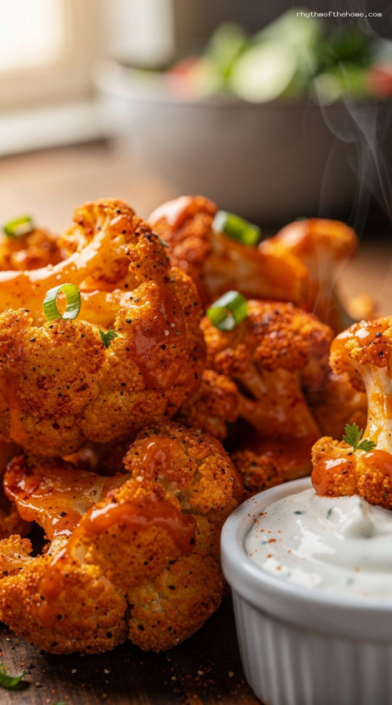 Air Fryer Crispy Cauliflower Wings With Buffalo Sauce and Ranch – Closeup