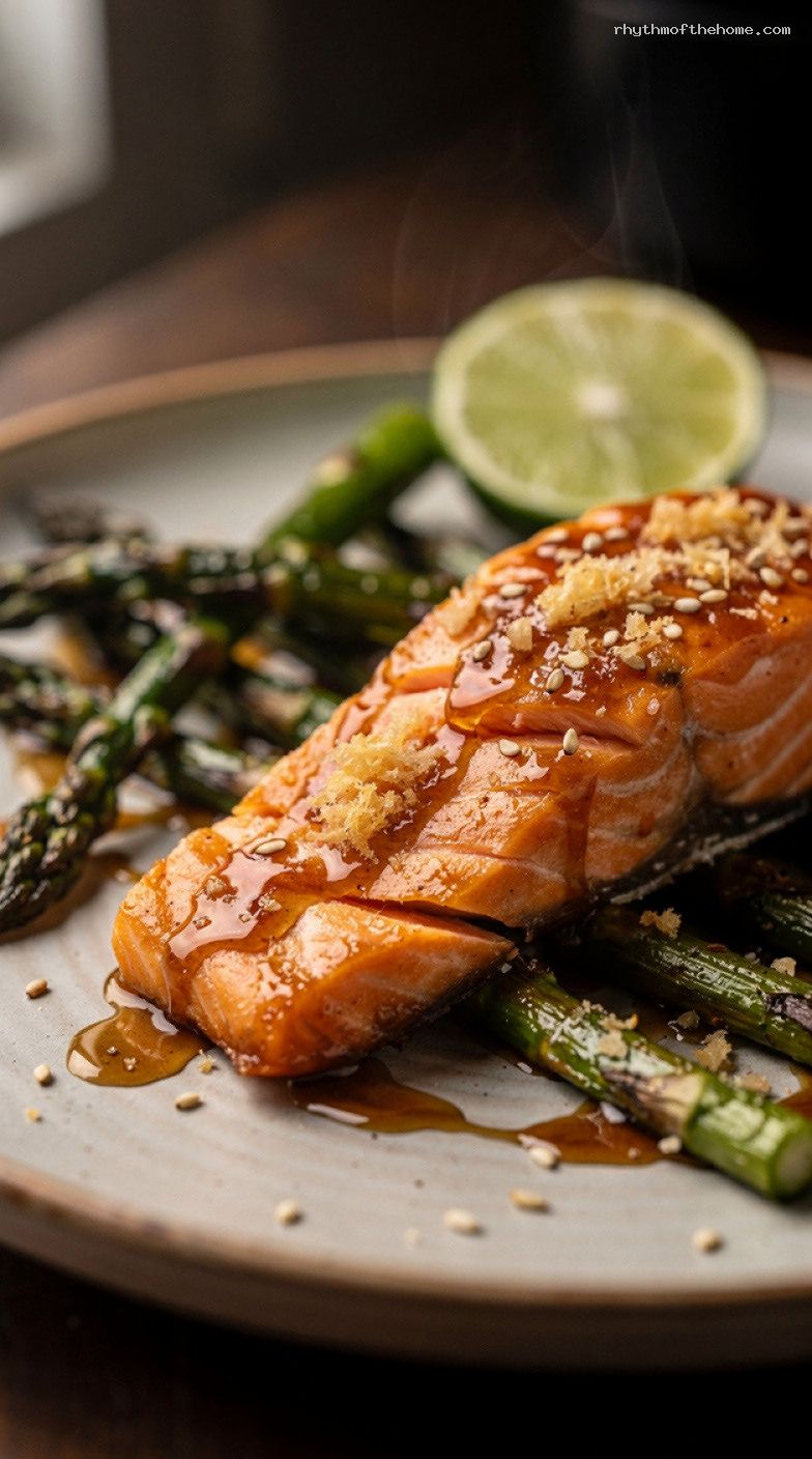 Air Fryer Honey Soy Salmon With Asparagus and Sesame Lime – Closeup