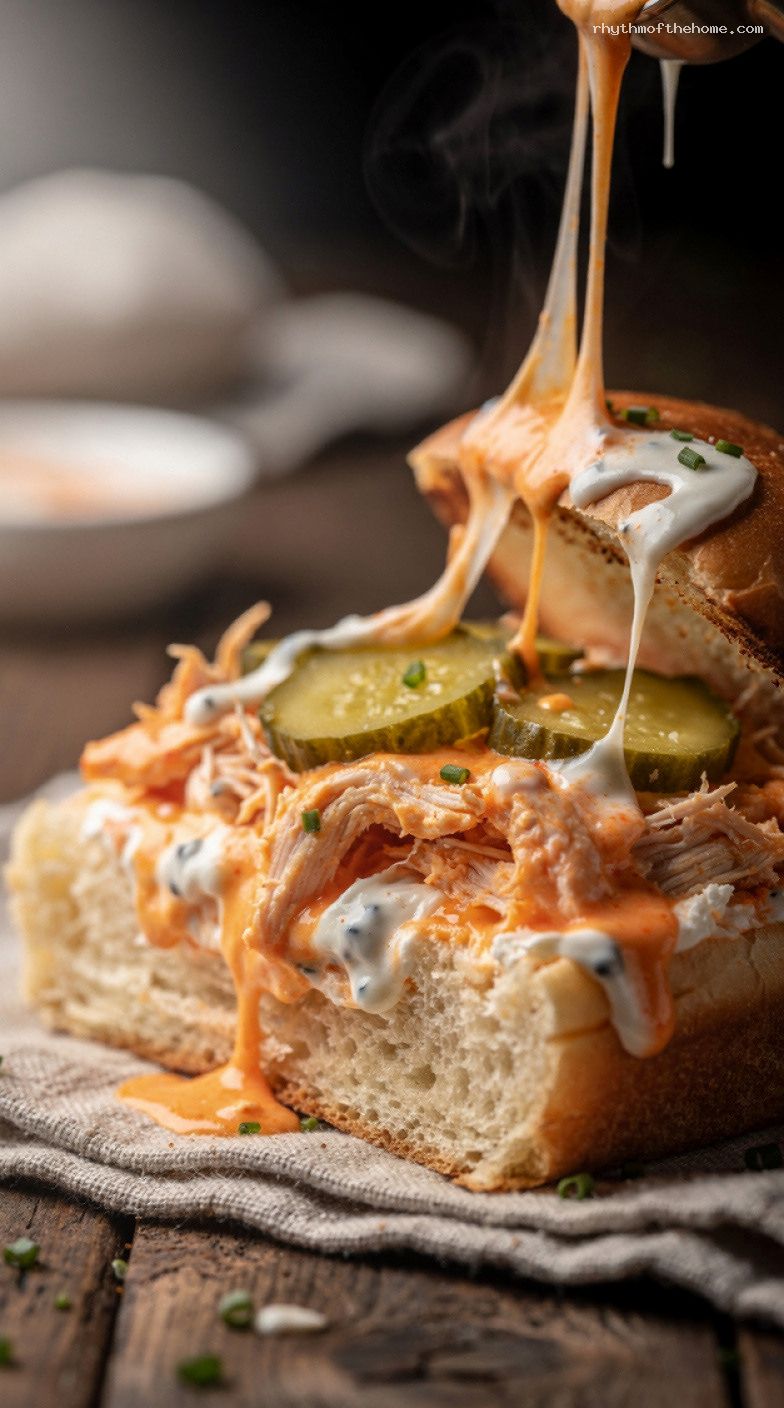 Baked Buffalo Chicken Dip Sandwiches with Pickles and Ranch – Closeup