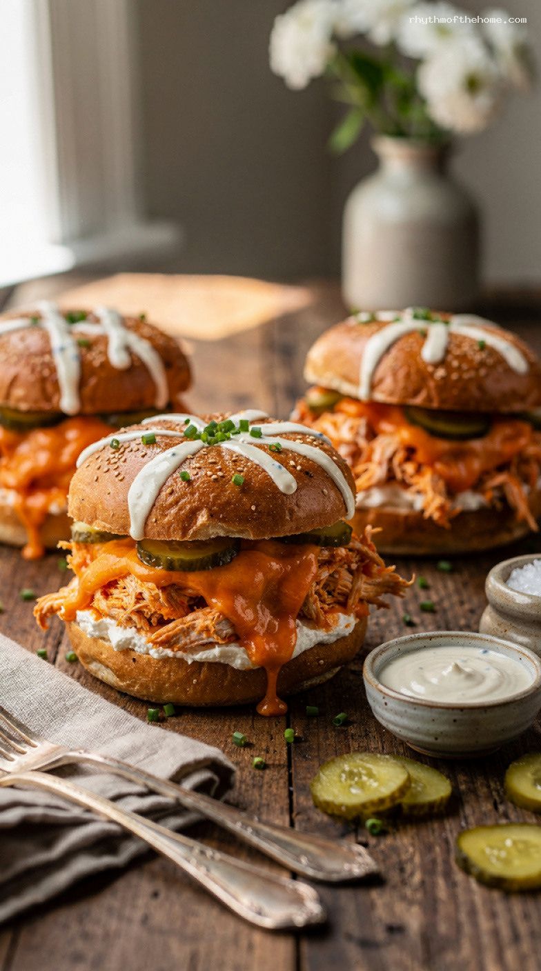 Baked Buffalo Chicken Dip Sandwiches with Pickles and Ranch