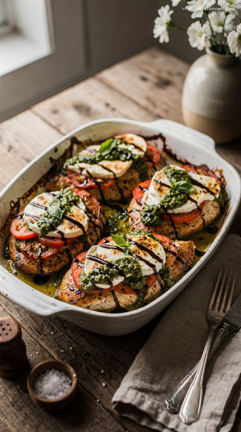 Baked Caprese Chicken With Pesto, Mozzarella, and Balsamic Glaze