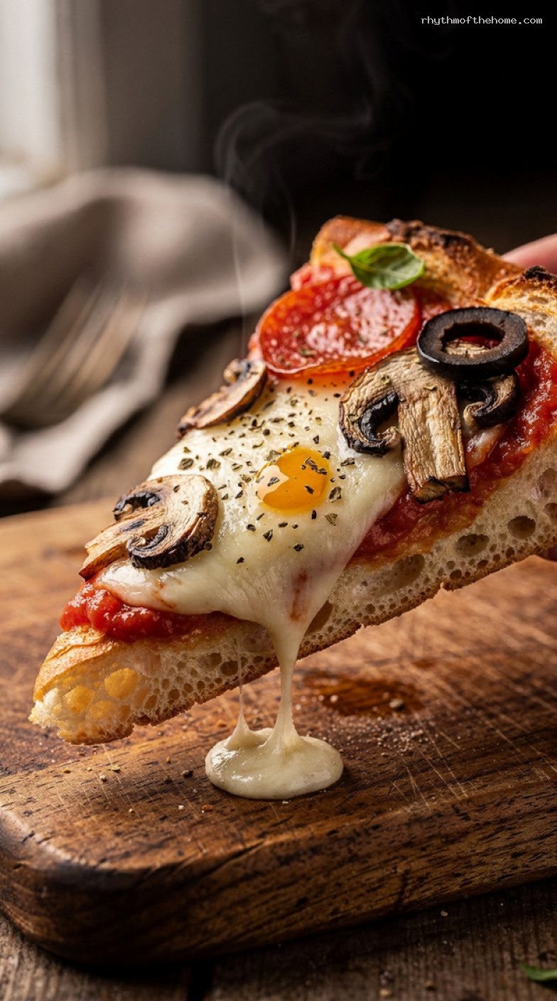 Baked French Bread Pizza Wedges with Mozzarella and Toppings – Closeup