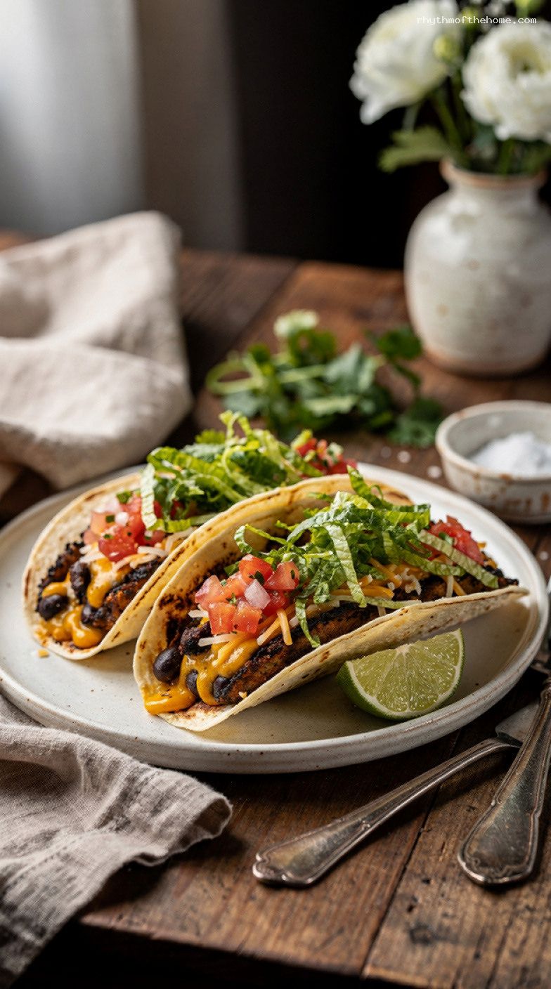 Black Bean Smash Burger Tacos with Cheese and Salsa