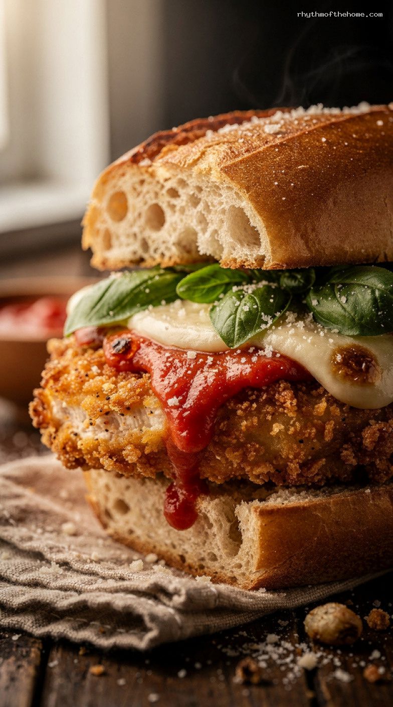 Cheat-Mode Crispy Chicken Parmesan Sandwiches – Closeup