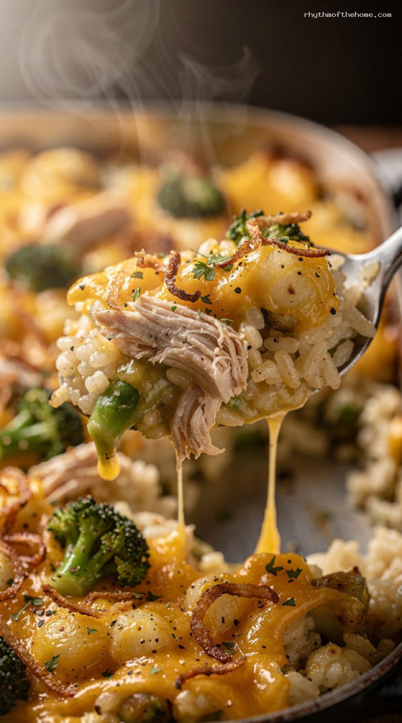 Cheesy Broccoli Chicken Rice Casserole Bake – Closeup