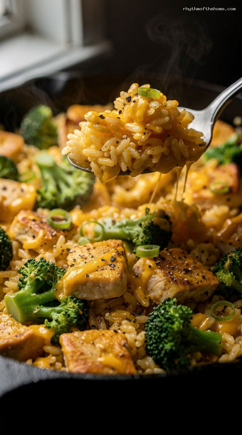 Cheesy Broccoli Rice Skillet With Chicken and Cheddar – Closeup
