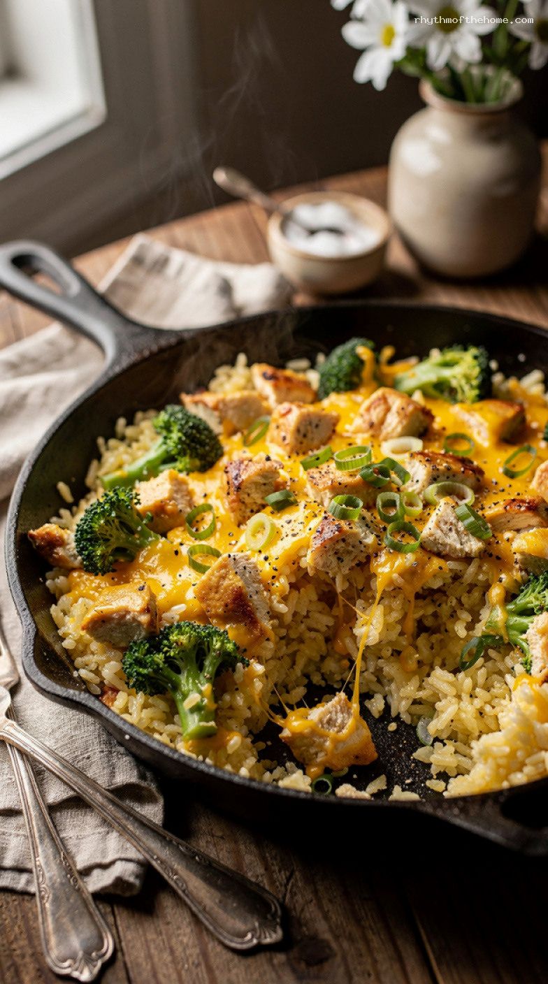 Cheesy Broccoli Rice Skillet With Chicken and Cheddar