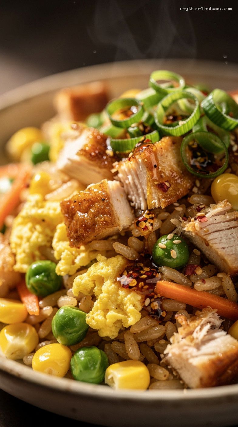 Clean-Out-the-Fridge Fried Rice With Egg and Mixed Veggies – Closeup