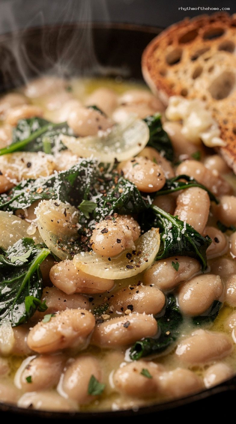 Creamy Garlic White Bean Skillet With Greens and Toast – Closeup