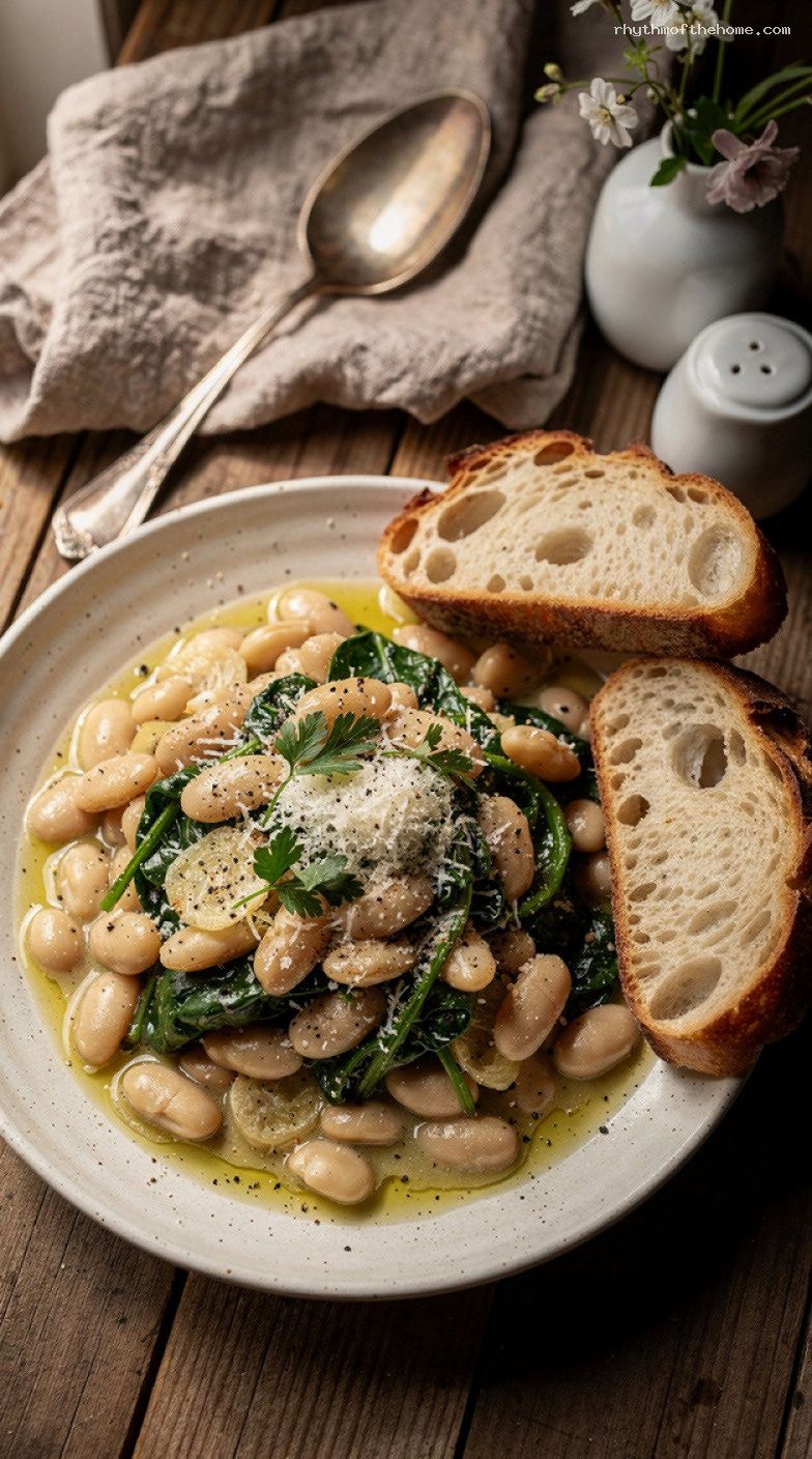 Creamy Garlic White Bean Skillet With Greens and Toast