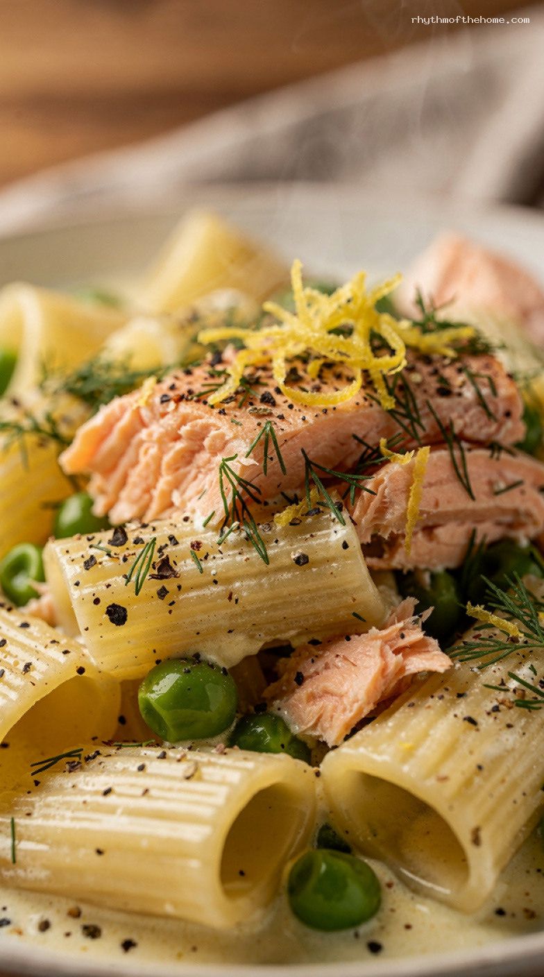 Creamy Lemon Dill Salmon Pasta With Peas – Closeup