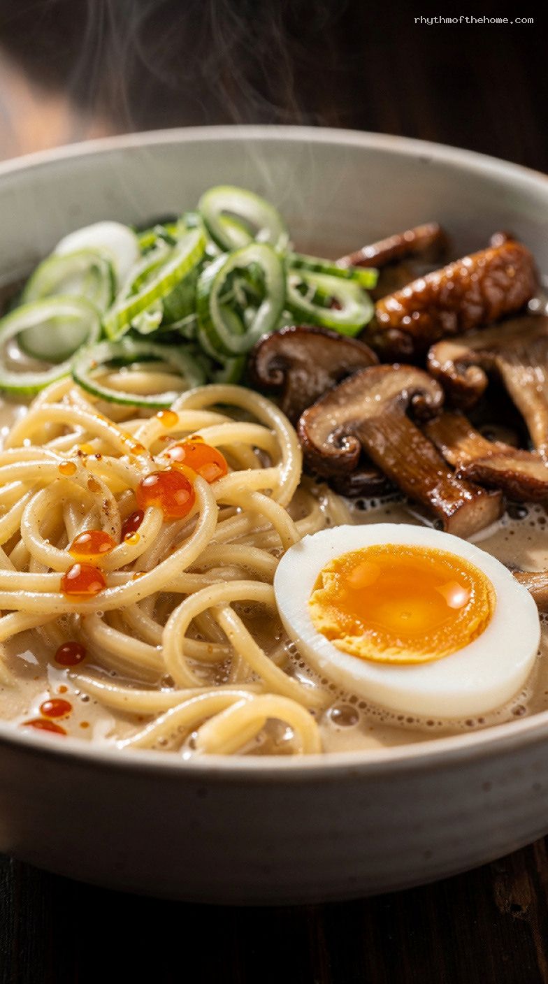Creamy Mushroom Ramen With Jammy Egg and Scallions – Closeup