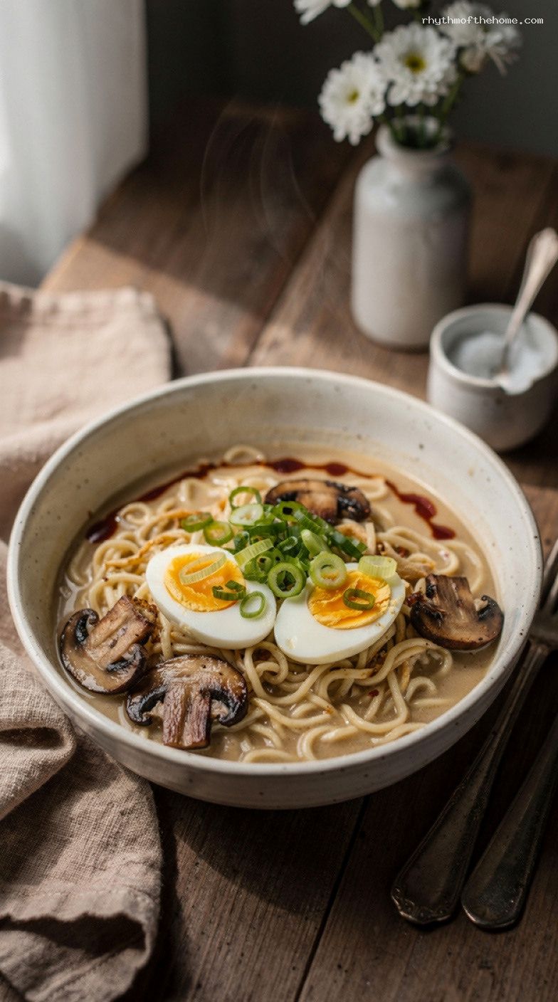 Creamy Mushroom Ramen With Jammy Egg and Scallions