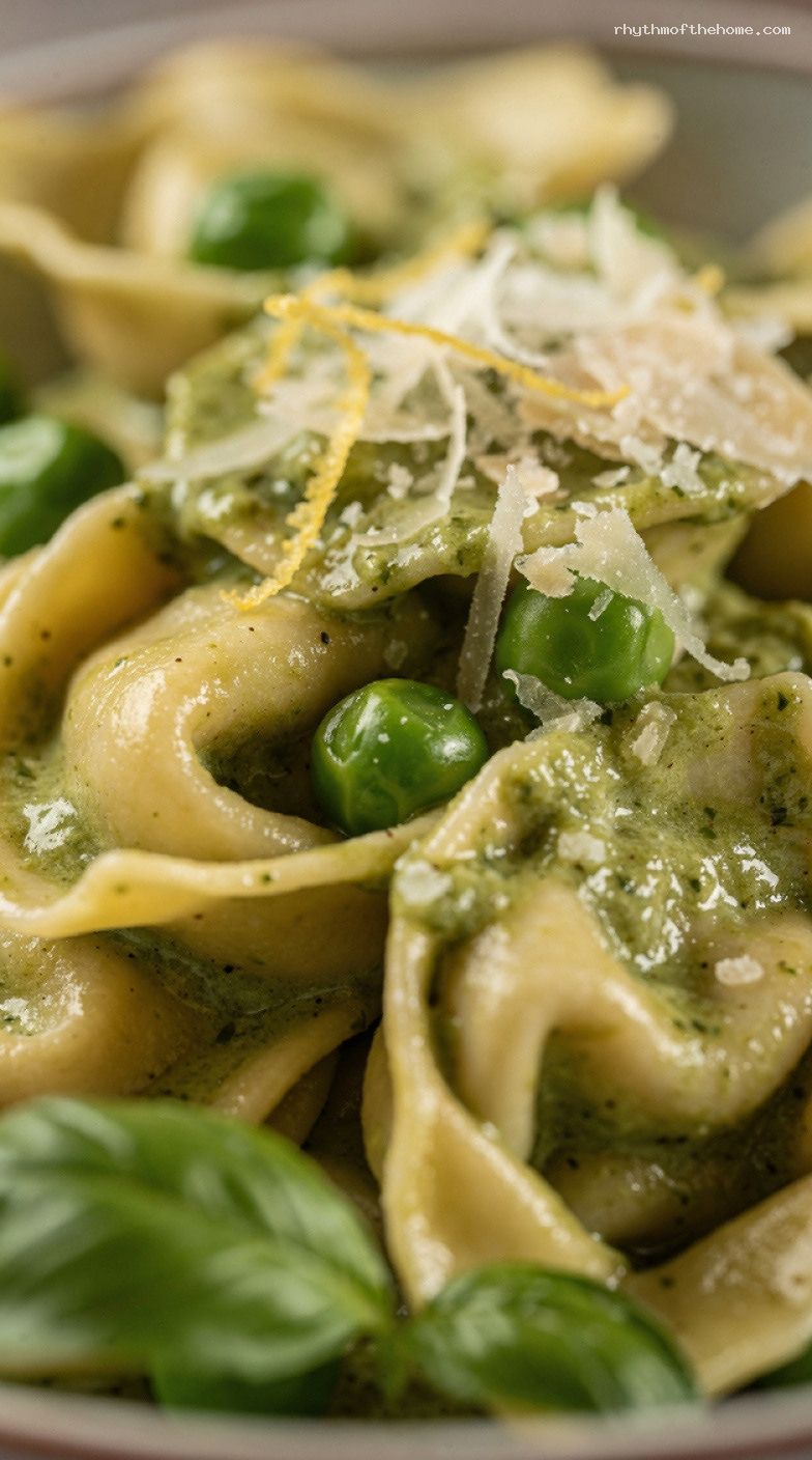 Creamy Pesto Tortellini With Peas and Lemon Zest – Closeup
