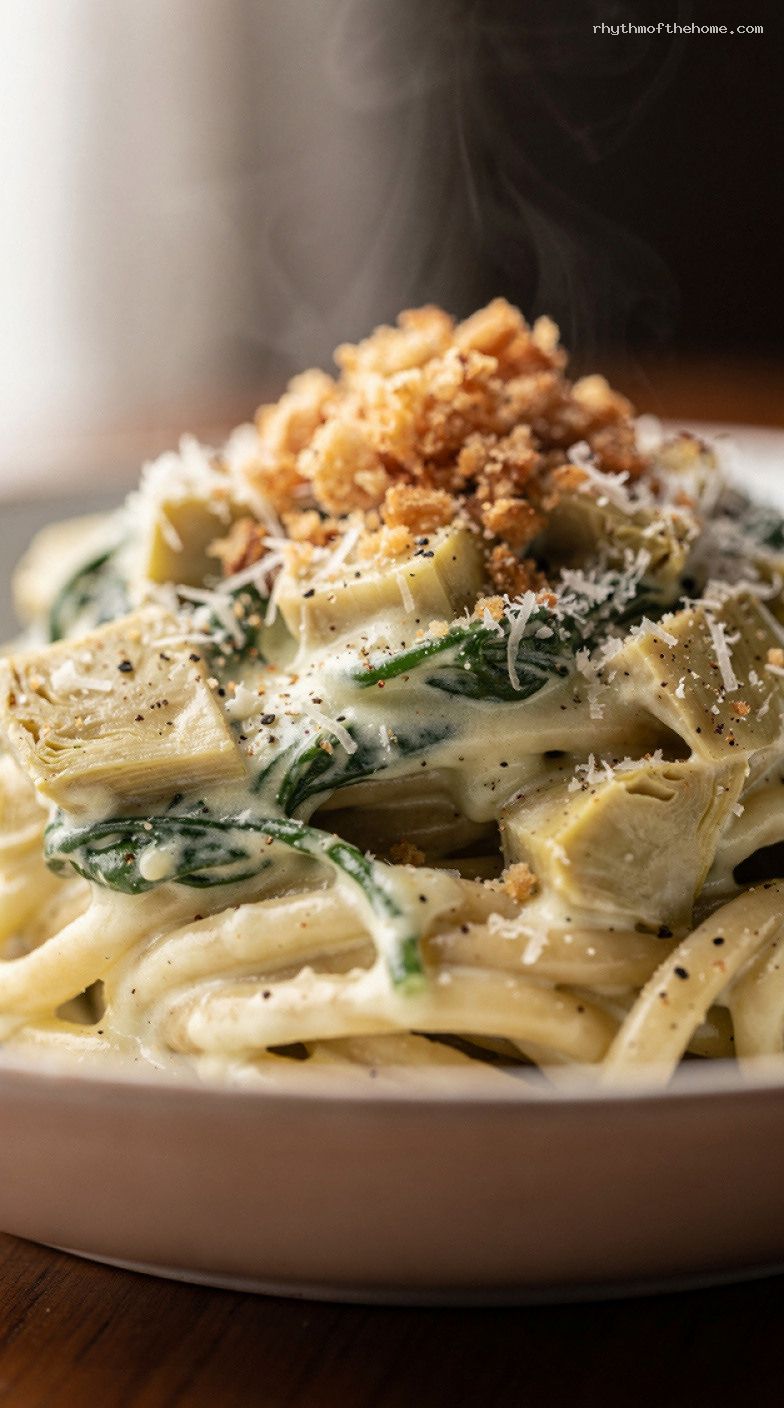 Creamy Spinach Artichoke Dip Pasta with Garlic Parmesan Breadcrumbs – Closeup